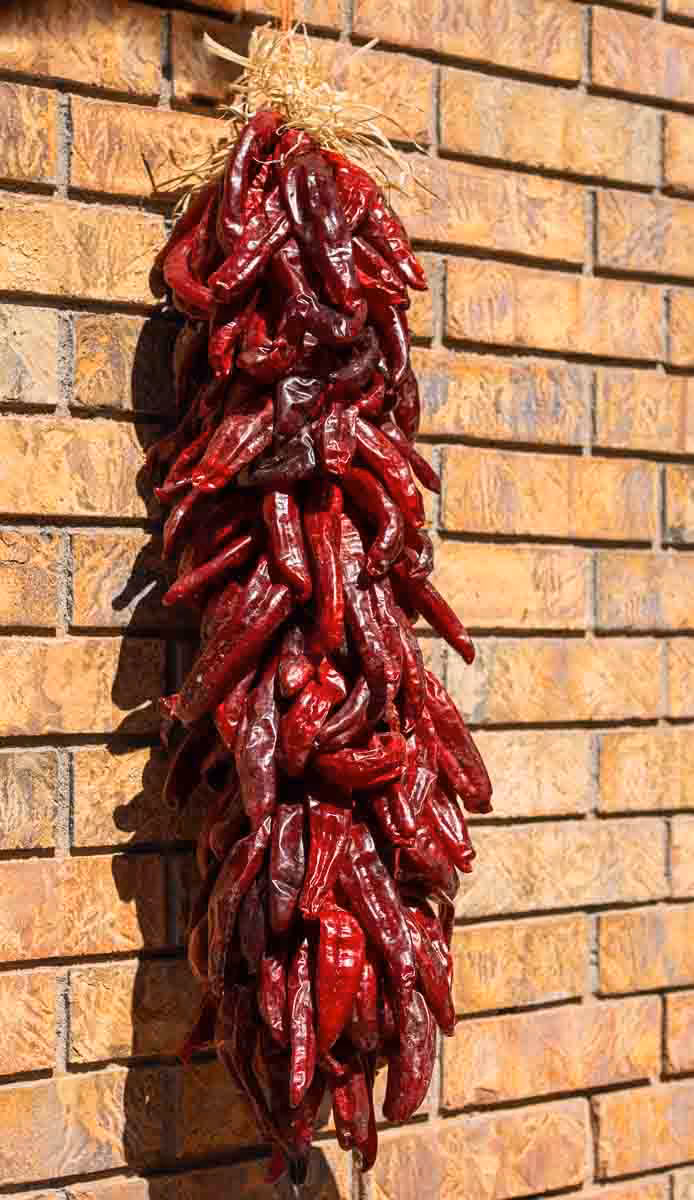 a two foot Hatch red chile ristra hanging in front of a brick house in Las Cruces New Mexico